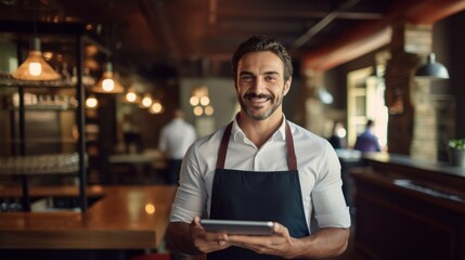Small business restaurant owner looking at the camera. joyful waiter holding a tablet with his both hands. - obrazy, fototapety, plakaty