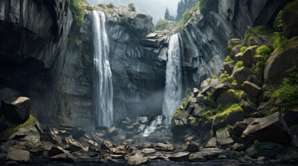 An overview of a majestic waterfall cascading down a rocky cliff face - obrazy, fototapety, plakaty