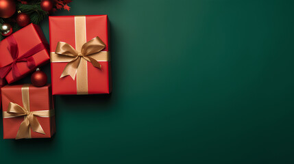 Green and red gift boxes on green background. Top view of christmas gift with space.