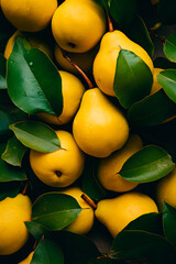 A pile of yellow pears with green leaves. Generative AI
