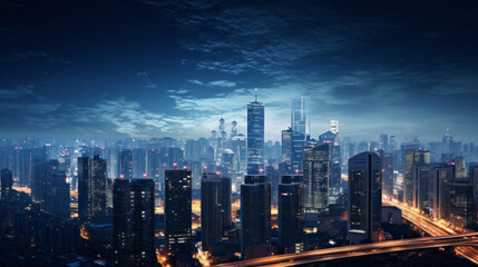 Obraz premium An overview of a vibrant city skyline with towering skyscrapers and illuminated streets