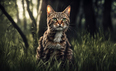 cat on the grass in forest