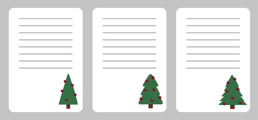 Set of cute vector lined check list, note with cartoon Christmas tree. Printable to do, christmas diary, page notebook, daily planner, notes and checklist. Ready for print