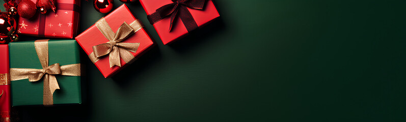 Green and red gift boxes on green background. Top view of christmas gift with space. - obrazy, fototapety, plakaty