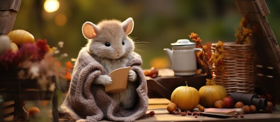 In the bare autumn garden there sits a rocking chair made of wicker topped with a knitted blanket a book and a plushy mouse toy - obrazy, fototapety, plakaty