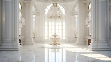 an elegant entryway with white walls and a marble floor and a large crystal chandelier