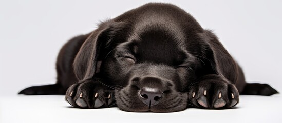 A small black puppy with adorable paws and a sweet nose peacefully snoozes