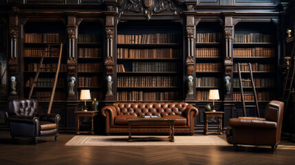 library with a wooden floor and dark wood bookshelves and a leather