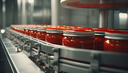 Scene of canning of tomato paste. Modern production line tech conveyor row.