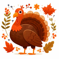 Happy Thanksgiving Card with Cartoon Turkey Icon with Decorative Autumn Leaves