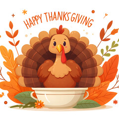 Happy Thanksgiving Card with Cartoon Turkey Icon with Decorative Autumn Leaves Over White Background