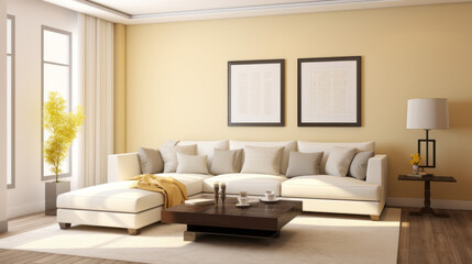 room has a contemporary feel The walls are a pale yellow and with white crown molding along the top The floor is a dark hardwood and with a glossy finish A white sectional sofa sits against wall