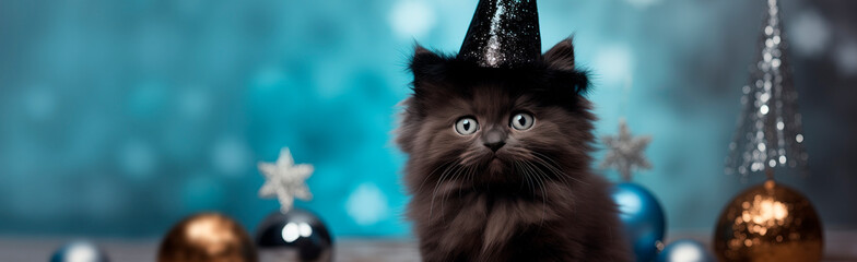 Black kitten in a festive cap on a Christmas background. Cat in a shiny cap. Kitten celebrates New...
