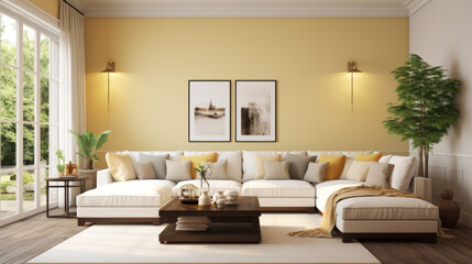 room has a contemporary feel The walls are a pale yellow and with white crown molding along the top The floor is a dark hardwood and with a glossy finish A white sectional sofa sits against wall