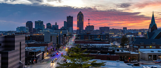 Panoramic sunset over the Des Moines skyline
