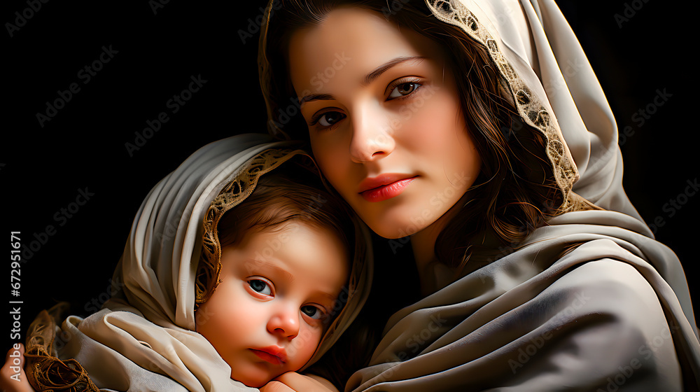 Wall mural A mother with her child, in the style of a Christmas card - Wall murals