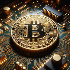 Fototapeta na wymiar An art object that depicts a golden Bitcoin coin on a background of a high-tech circuit board. The coin features the iconic Bitcoin logo, a letter 'B'