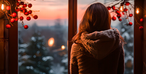 A woman looking out a window at Christmas time - obrazy, fototapety, plakaty