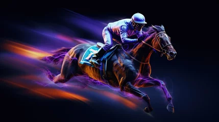 Schilderijen op glas Jockey riding a race horse illustration, racing fast in seamless pattern in the style of light trails, Generative Ai  © Amir