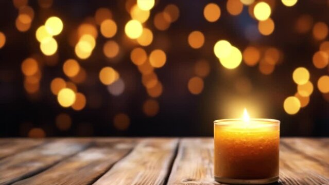 Christmas decoration with lit candle on rustic wooden table and bokeh background lights