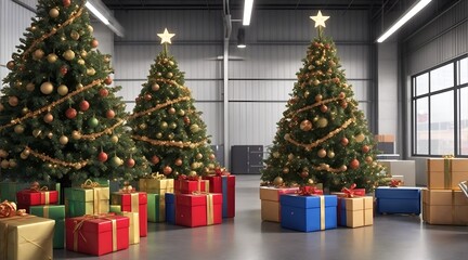 Three big christmas trees surrounded by presents in an empty warehouse with a sepia look, beautiful blurry hidden light indoor background.