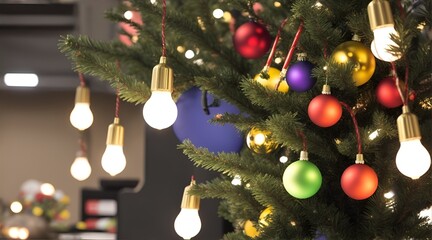 Closeup of a christmas tree with colorful light bulbs in the middle of a warehouse with a sepia look, beautiful blurry light indoor background.	