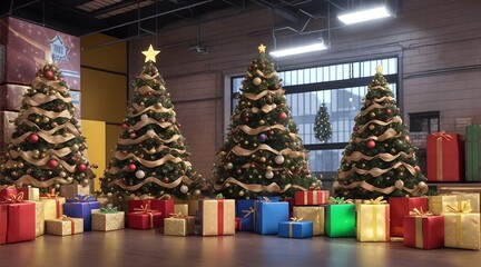 Four big christmas trees surrounded by presents in an empty house living room with a sepia look, beautiful blurry hidden light indoor background.