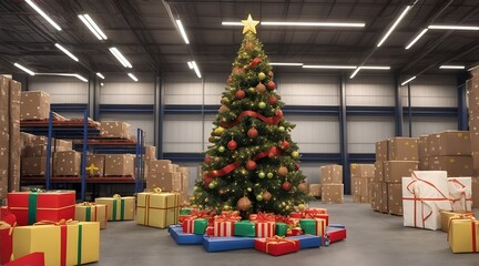 A big christmas trees surrounded by presents in an empty house living room with a sepia look, beautiful blurry hidden light indoor background.