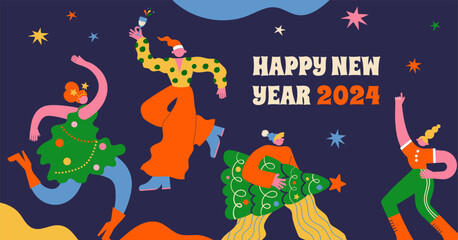 Fun Merry Christmas and Happy New Year banner, Christmas background and card with groovy, hippie bizarre disproportionate characters, wearing Santa hat, dancing, jumping and drinking champagne