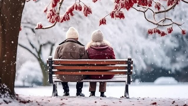 Senior couple sitting on garden bench in autumn with falling snow