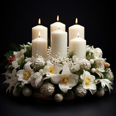 Obraz na płótnie Canvas white Christmas table wreath with four candles, AI Generative.
