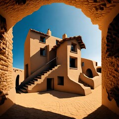 adobe house, blue sky, m.c. escher, impossible objects, perspectiv