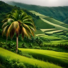 **A serene and vivid photograph capturing the bountiful essence of nature as described in the text. The image encompasses a lush landscape rejuvenated by the soft drizzle from the cloudy skies. The te - obrazy, fototapety, plakaty
