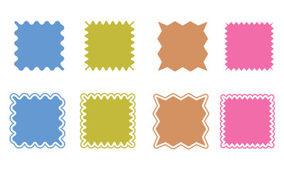 Set of vector squares, icons without outline and with outline, sharp corners. Colored on white. Simple vintage flat style labels, stickers. Design elements. Collection of different types of icons.