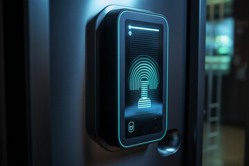 The Access control systems, fingerprint reader on a black door - 672953265