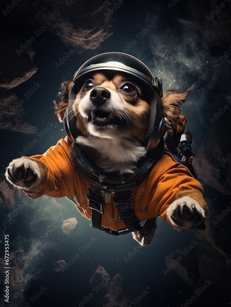 Poster a dog in a space suit floating through the air. generative ai.