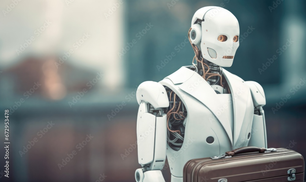 Poster a robot with a suit case standing in front of a building. generative ai.