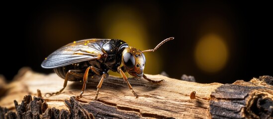 A small tree dwelling insect known as a woodworm rests on a tree trunk