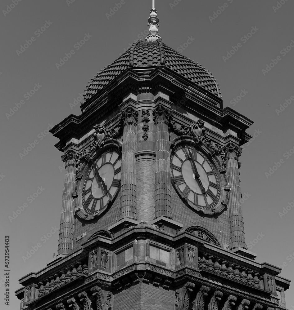 Wall mural tall clock tower featuring two clocks on either side of its facade