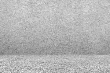 Empty gray concrete room studio backdrop. Cement wall and floor for display products. Rough and grunge showroom background.