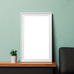 Blank verticaldecorative art transparent frame mock-up in a living room interior, green wall and flower pot