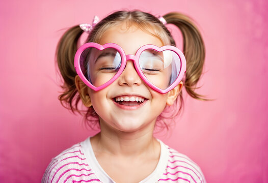happy child wearing heart symbol shaped glasses