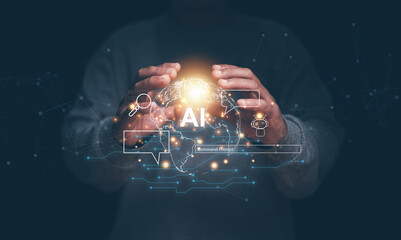 Ai technology, Businessman holding virtual graphic global internet connect with AI, Futuristic...