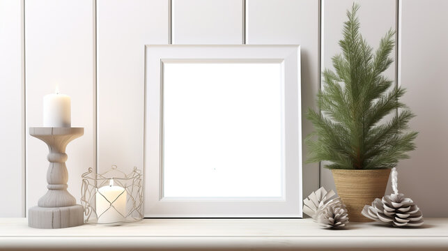 Frame mockup on a table next to a sofa, blue, green, silver tones, beautiful Christmas decorations background