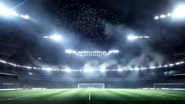 The stadium arena is bright with lights and smoke with fireworks in the sky. Seamless looping football sports advertising virtual animated background