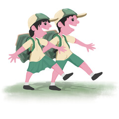 two little boys and girls in school uniforms, going to school in the morning