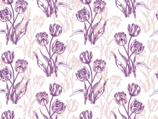 Purple tulips spring flowers, seamless vector background,Seamless vector background with tulips. Hand drawn illustration.