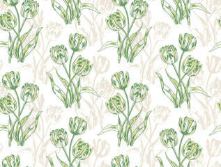 Green tulips spring flowers, seamless vector background,Seamless vector background with tulips. Hand drawn illustration.