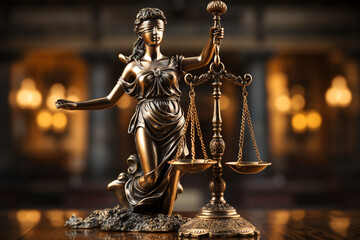 Bronze statue of Themis, Goddess of Justice holding Law Scales. Copy space