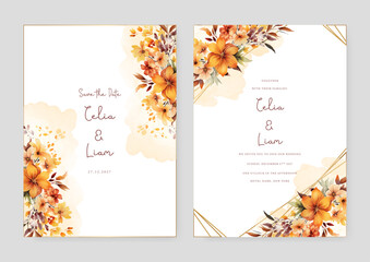Orange and yellow frangipani modern wedding invitation template with floral and flower